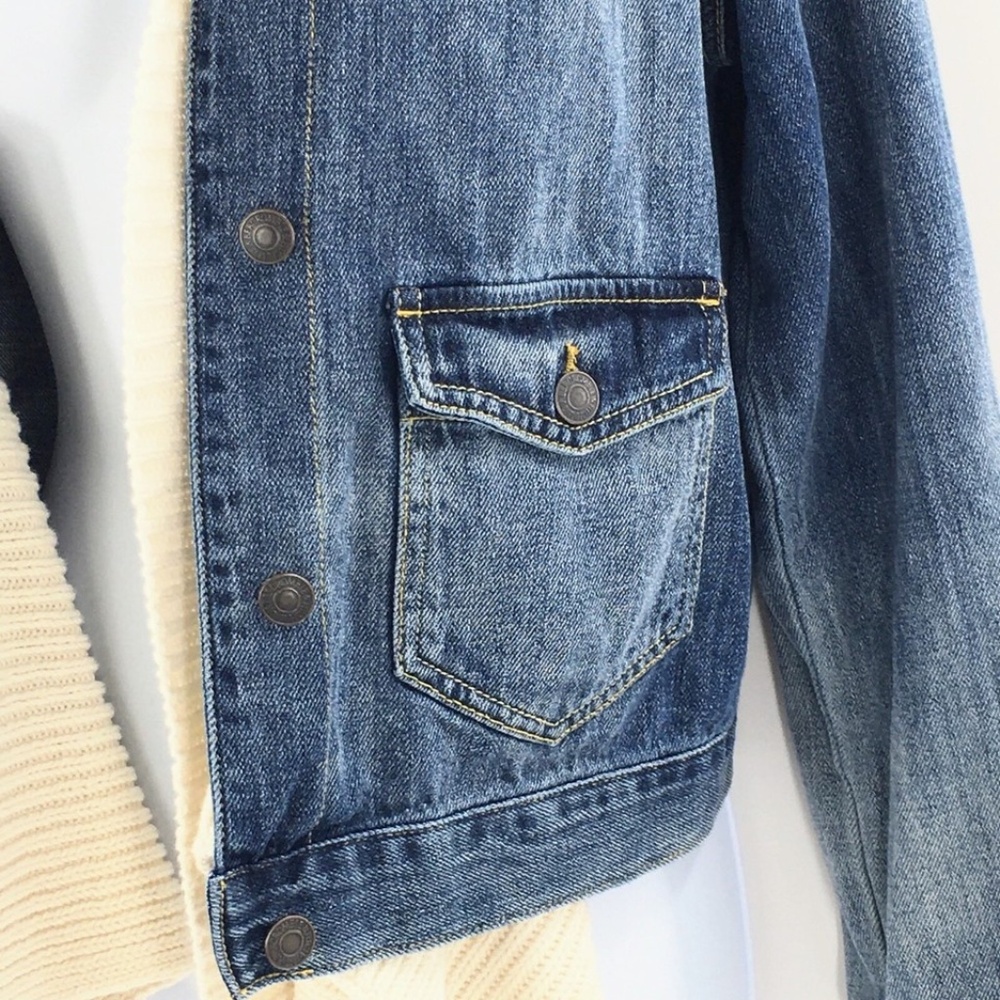 Abercrombie & Fitch Womens Denim Jacket Blue Jean Attached Sweater Scarf Sz M - Picture 4 of 11